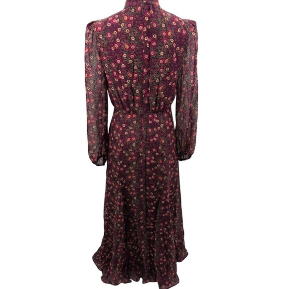 Saloni Floral High Neck Long Sleeve Maxi Dress US 6 Silk Burgundy - Picture 3 of 9